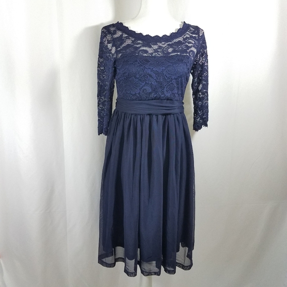Dilanni Navy Lace 3/4 Sleeve Dress M - Picture 1 of 15